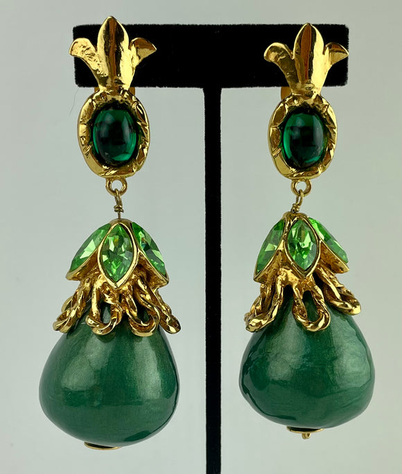 Christian Lacroix Enamel Clip On Green Stone Dangle Earrings